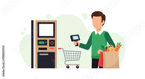 A male customer uses a handheld scanner for self-checkout at a grocery store kiosk while holding a paper bag filled with fresh vegetables and healthy food.