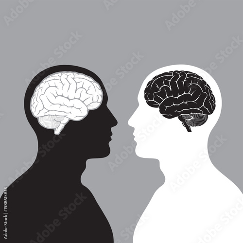 Two human silhouettes facing each other with visible brains, symbolizing opposing thoughts and ideas