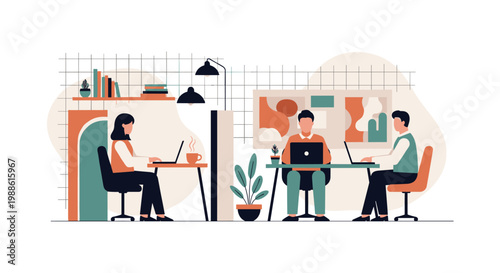 Colleagues work diligently on their individual laptops at separate desks within a modern office space featuring grid walls and warm, inviting ambient lighting.