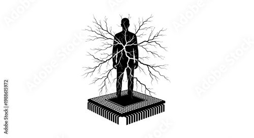 A man standing on a microchip with tree branches.