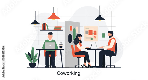 Professionals engage in a productive coworking environment with individuals working on laptops at separate tables under stylish hanging lamps in a bright room.