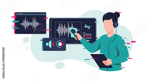An audio engineer wearing headphones carefully edits sound waveforms on a digital screen using a stylus in a tech-focused studio with a soft blue background.
