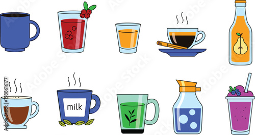 Comprehensive Beverage Icon Set Featuring Hot Coffee, Tea, Milk, Fruit Juices, Smoothies, and Bottled Drinks for Cafe Menus and Lifestyle Graphic Design Illustrations
