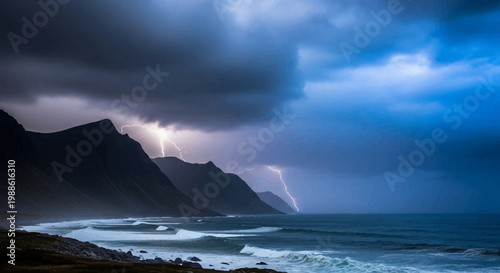 Dramatic coastal landscape with powerful lightning strikes illuminating dark storm clouds over rugged mountains and a turbulent ocean.
