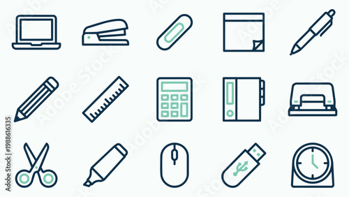 Modern Office and Technology Line Icons Featuring Laptop, Calculator, Mouse, and USB Drive