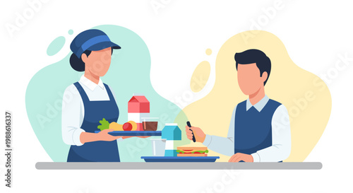 A friendly cafeteria worker in a blue uniform serves a nutritious lunch tray to a young student inside a bright and airy school canteen dining area.