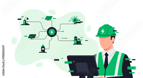 An electrical engineer wearing a green hard hat manages a complex renewable energy dashboard on a computer screen in a bright and modern control room.