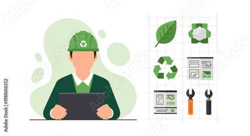 An engineer wearing a green hard hat with a recycle symbol uses a tablet while standing beside a grid of icons featuring wrenches and leaf patterns.