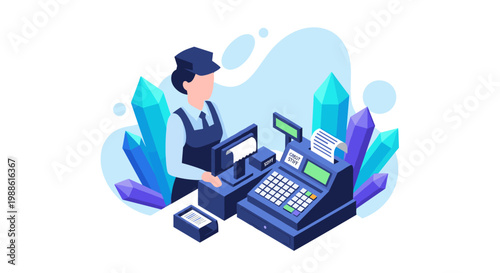 A professional cashier in a crisp blue uniform operates a modern cash register surrounded by abstract blue crystal shapes in a bright retail setting.