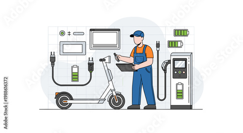 A technician in blue overalls inspects an electric scooter next to a charging station with battery icons in a bright and organized maintenance workshop.