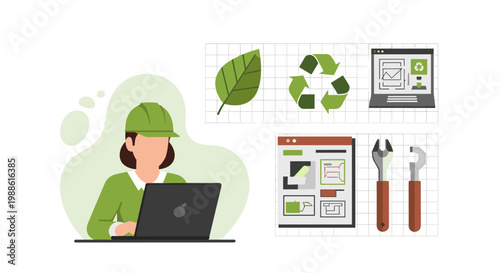 A female engineer wearing a green hard hat works on a laptop next to a grid containing a leaf icon, a recycle symbol, and various maintenance tools.
