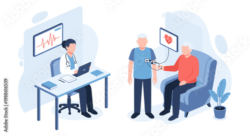 Medical professional reviews patient health data on a laptop while an elderly individual uses a wearable cardiac monitoring device in a clinical setting.