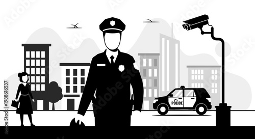 Uniformed police officer maintains public safety on a bustling city street while a surveillance camera monitors the urban environment in monochrome tones.