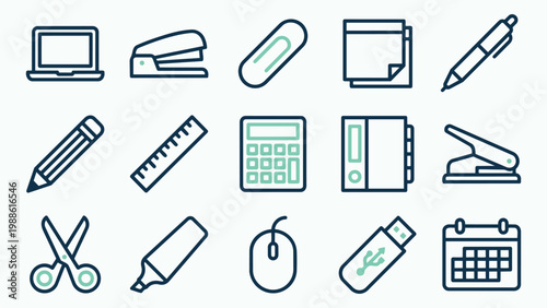 Workspace and Productivity Icon Set with Calendar and Office Tools