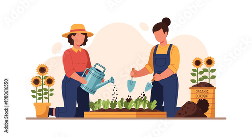 Two women in denim overalls tend to a garden bed with a watering can and trowels while sunflowers bloom in a warm and inviting outdoor garden setting.