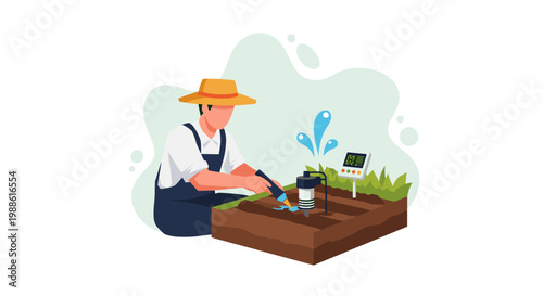 Dedicated farmer uses a handheld electronic device to test soil quality in a small garden bed while water splashes in a clean and bright environment.