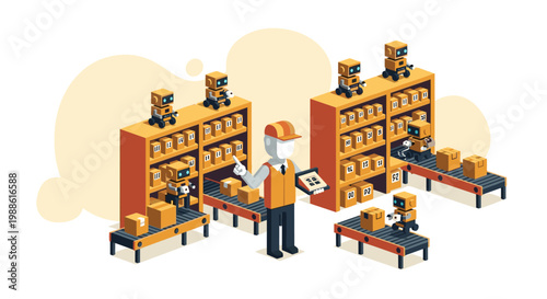 An industrial worker wearing a protective hard hat directs logistics operations while standing near automated conveyor belts and robotic storage units.