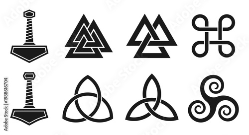 Pagan symbol collection. Valknut, triquetra and celtic infinity knot sign. Triskelion and trinity symbol.  Looped square icon. Thor hammer mjolnir. Norse viking culture logo. Vector illustration image
