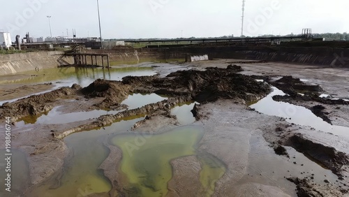 Industrial Wastewater Pond with Contaminated Water and Dry Land