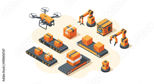Advanced industrial factory floor layout displays a single drone and two robotic arms managing cardboard boxes on multiple moving conveyor belt lines.