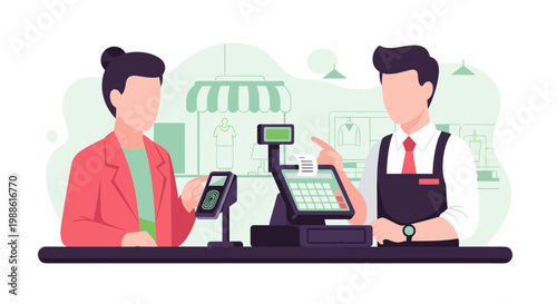 Retail customer verifies payment using a secure fingerprint scanner at a point-of-sale counter while a helpful clerk points to the electronic screen.