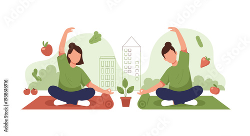 Two active women in green shirts practice mindful yoga on colorful mats while floating fresh fruits and vegetables surround them near a faint city skyline.