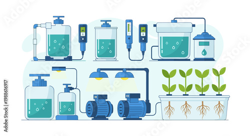A sophisticated hydroponic agricultural setup utilizes precise digital flow meters and blue pumps to nourish healthy green plants in a clean white tray.
