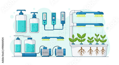 A modern automated hydroponic indoor gardening system features vibrant blue water reservoirs and efficient LED grow lights for lush green vegetable plants.