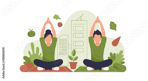 A man and a woman in green shirts perform yoga with hands raised while floating fresh produce and a faint city skyline outline complete the serene scene.