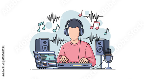 A dedicated music producer meticulously adjusts sound levels on a digital audio workstation while wearing professional headphones in a vibrant studio space.