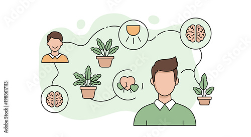A healthy individual is connected to brain and heart icons through organic plant elements in a serene illustration of holistic mental and physical wellness.