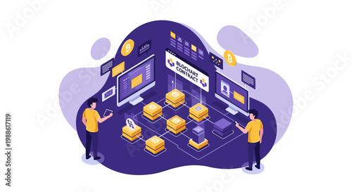 Two individuals manage a complex blockchain smart contract system with floating data blocks and bitcoin symbols on a dark purple digital workspace background.