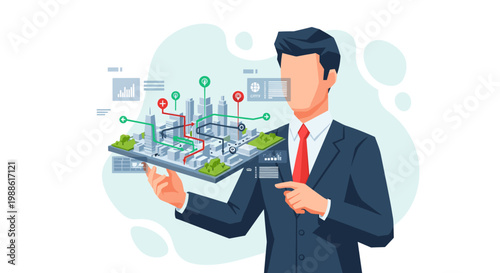 A professional businessman in a sharp suit holds a small 3D urban city model with glowing traffic flow lines and location markers floating above his palm.