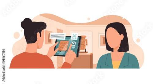 A curious visitor uses a tablet to scan an ancient artifact in a warm, sunlit museum gallery while a woman observes the detailed historical exhibition.