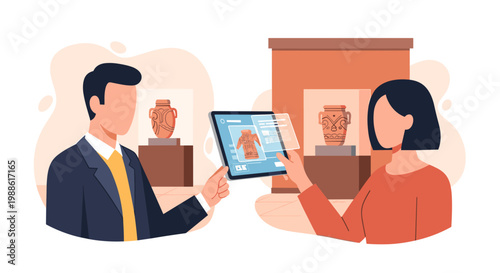 A professional man in a formal suit and a woman in a casual orange shirt interact with a tablet showing a 3D artifact model in a bright museum space.