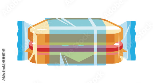 Vector illustration of a fresh pre-packaged sandwich in a clear transparent plastic wrapper, ready-to-eat convenience snack food isolated on white background