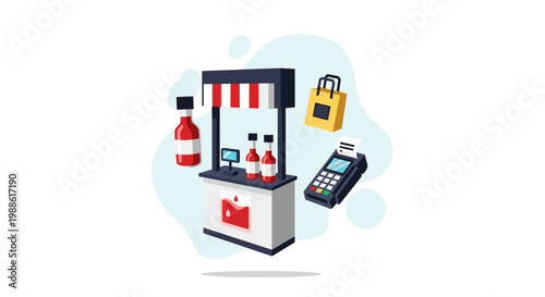 A small market stall with vibrant red and white stripes is surrounded by a bottle, a shopping bag, and a payment terminal in a clean, light blue space.