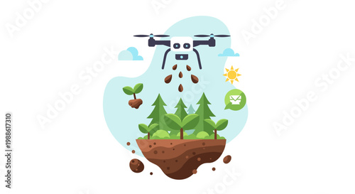 An autonomous aerial drone precisely drops organic seeds into a floating patch of fertile soil to foster sustainable reforestation in a bright landscape.