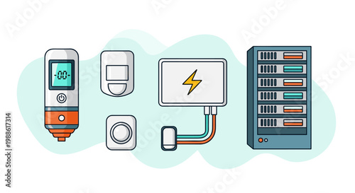 A set of essential smart home automation devices including a digital temperature gauge, motion sensors, a power controller, and a centralized server rack.