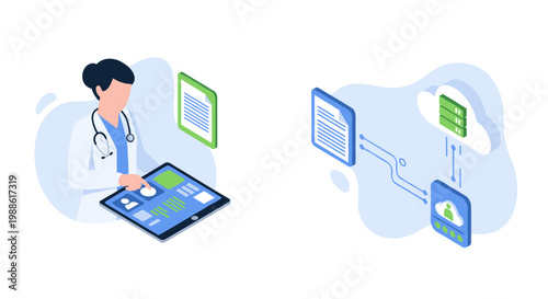 A female practitioner efficiently navigates patient information on a sleek tablet device while cloud servers process secure data in a bright clinic room.