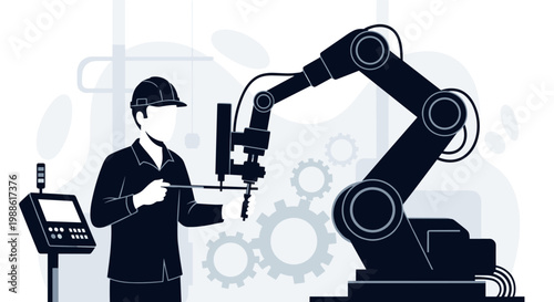 A skilled industrial worker operates a precision robotic arm using a control panel in a high-tech factory setting with a sleek monochrome color scheme.