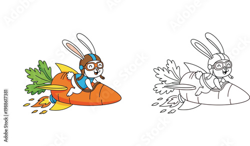 Cute Cartoon Bunny Pilot Flying a Carrot Rocket Ship, Creative Vector Illustration and Black and White Coloring Page for Kids Education, Activities, and Children's Book Design