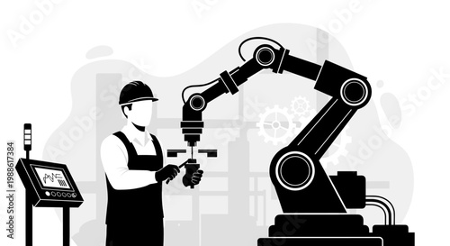 A technician in an apron monitors a robotic arm operation via a digital graph display in a clean, professional monochrome industrial manufacturing facility.