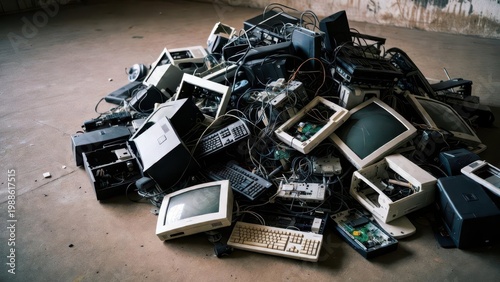 Pile of Old Electronics and Computer Waste in Abandoned Space