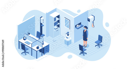 An organized isometric office environment features a masked employee, a wall-mounted thermometer, and accessible hand sanitizer stations for workplace safety.
