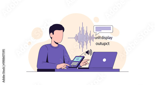A focused person uses a laptop and a handheld device to process audio text output while a clear waveform is visible on the glowing digital screen display.