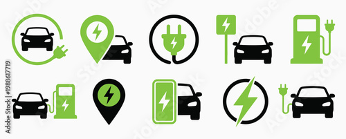 Electric car charging icon set. EV station, plug, socket, hybrid car, green electric car with plug symbol on white background - stock vector.