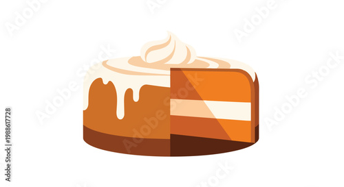 Flat vector illustration of a round carrot cake with dripping cream cheese frosting and a missing slice, topped with a swirl of cream, isolated on a plain white background.
