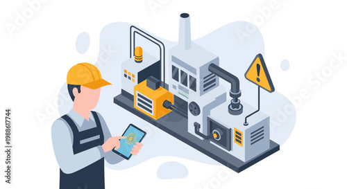 A diligent worker wearing a yellow hard hat inspects a tablet near a complex industrial machine with a prominent yellow warning triangle in the workspace.