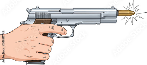 Hand firing a pistol with bullet exiting barrel in motion during a firing sequence